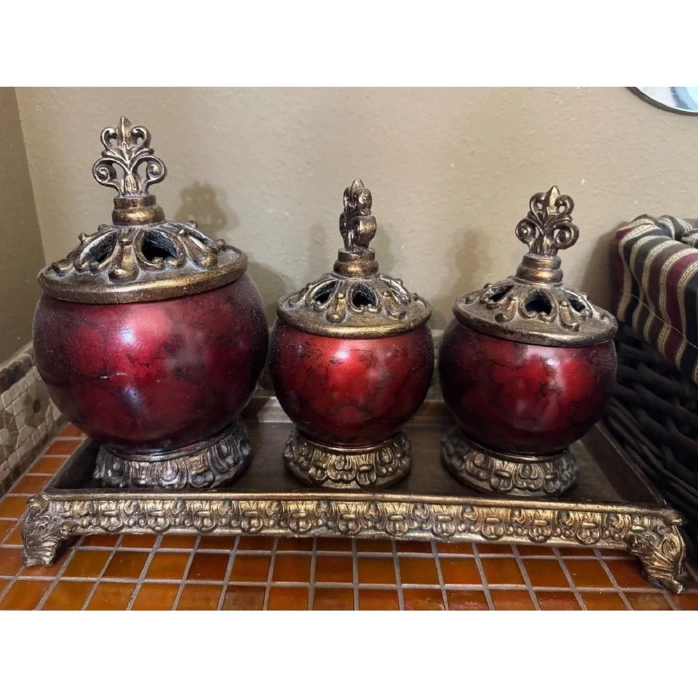 4pc Set Tuscan Style 3 Red Marble Decorative Jars with Ornate Gold Base Tray